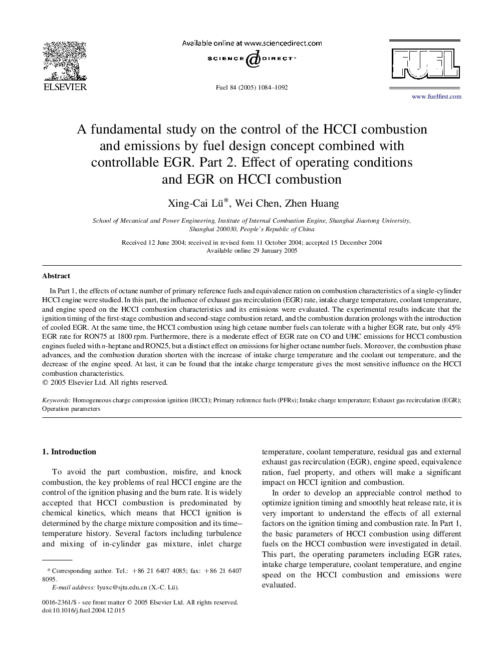 A fundamental study on the control of the HCCI combustion and emissions by fuel design concept combined with controllable EGR. Part 2. Effect of operating conditions and EGR on HCCI combustion