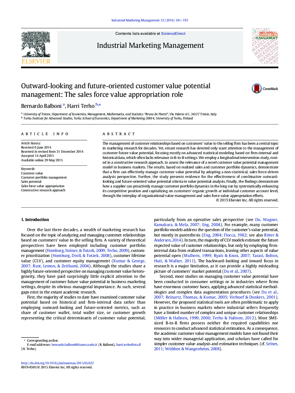 Outward-looking and future-oriented customer value potential management: The sales force value appropriation role