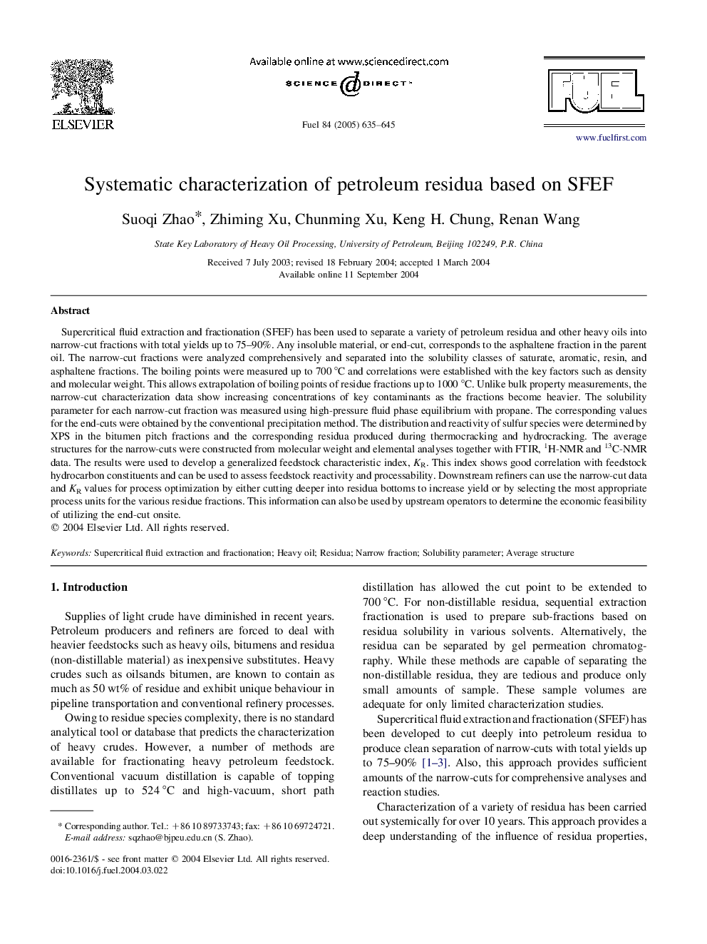 Systematic characterization of petroleum residua based on SFEF