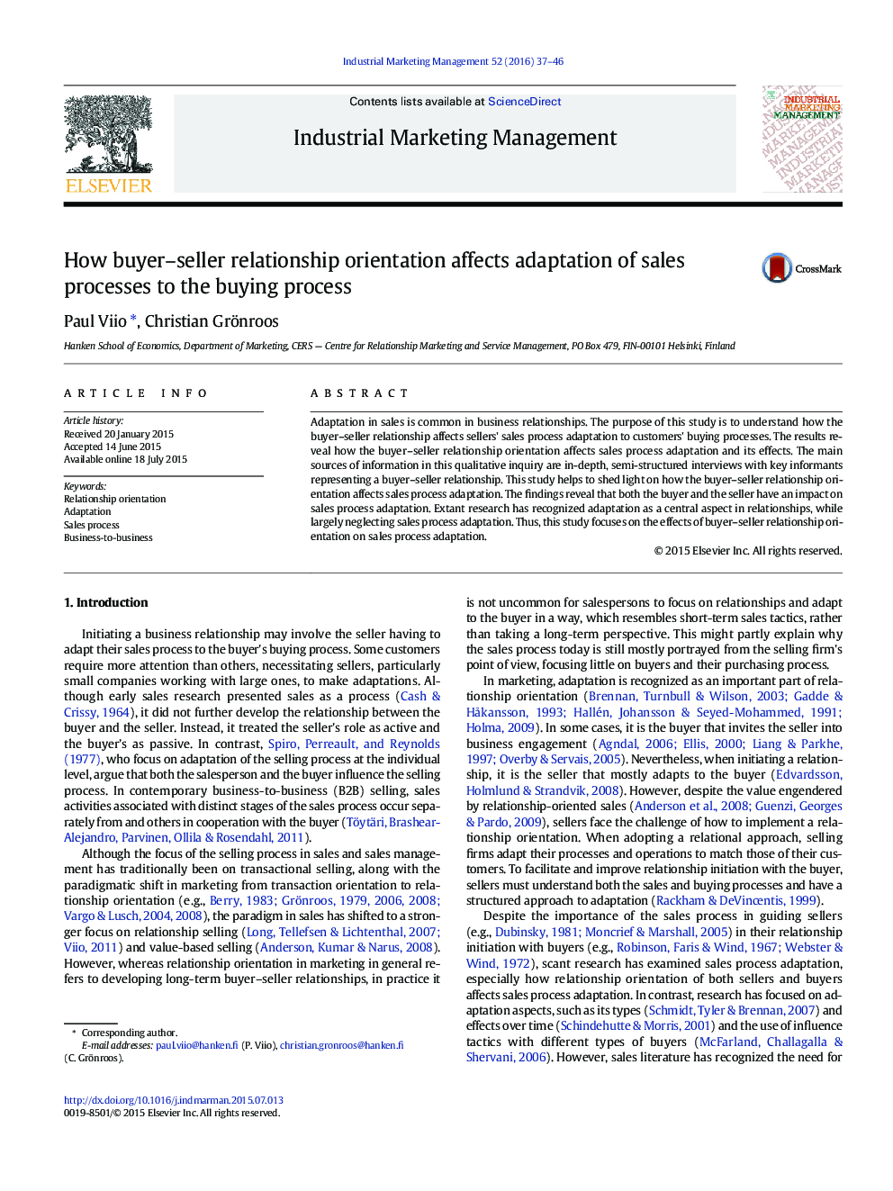 How buyer–seller relationship orientation affects adaptation of sales processes to the buying process