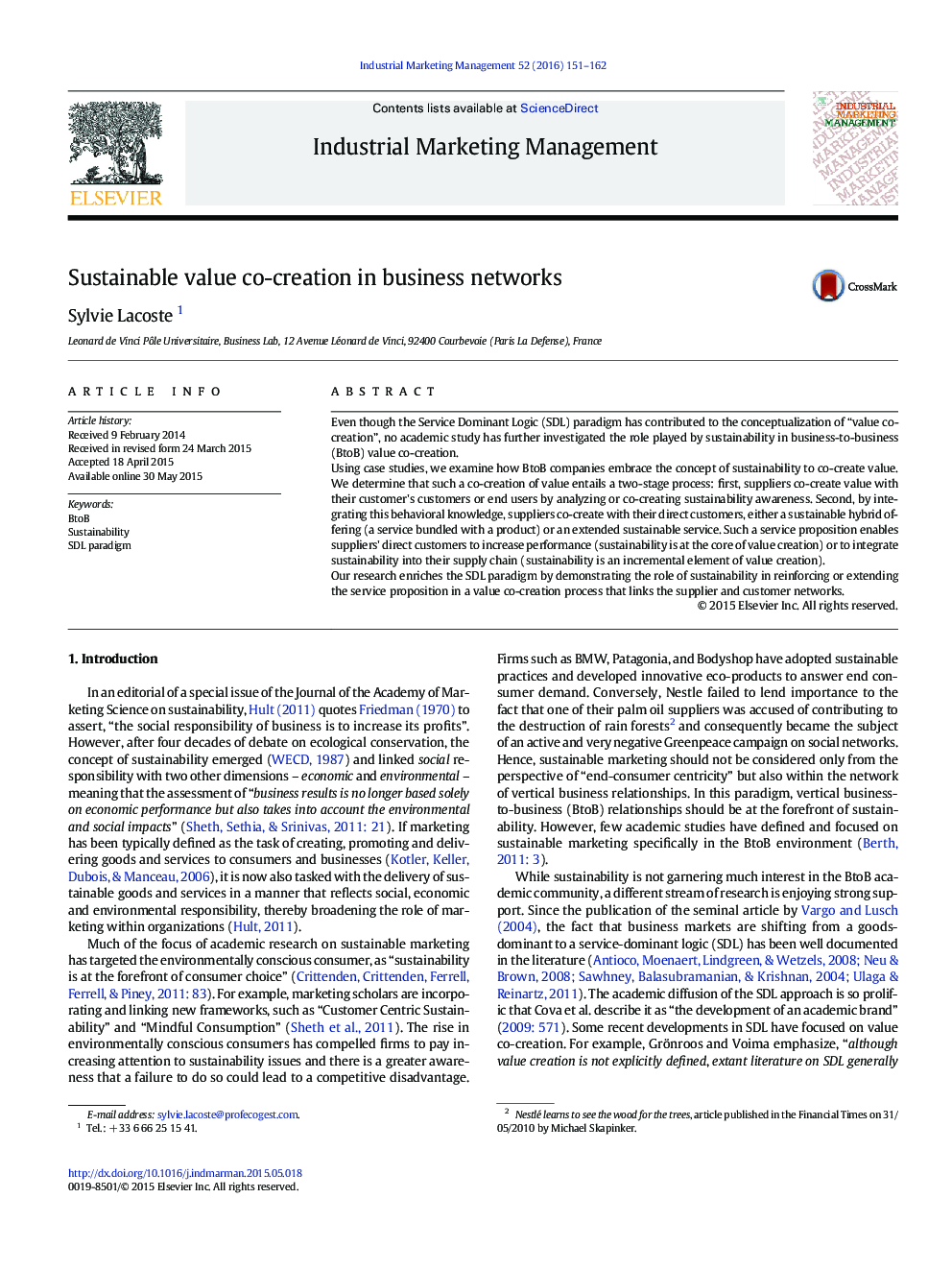 Sustainable value co-creation in business networks