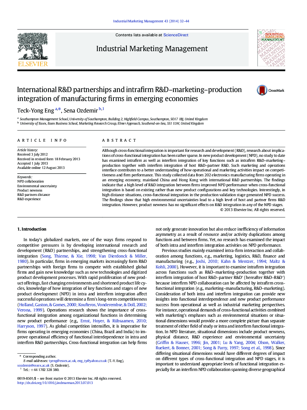 International R&D partnerships and intrafirm R&D–marketing–production integration of manufacturing firms in emerging economies