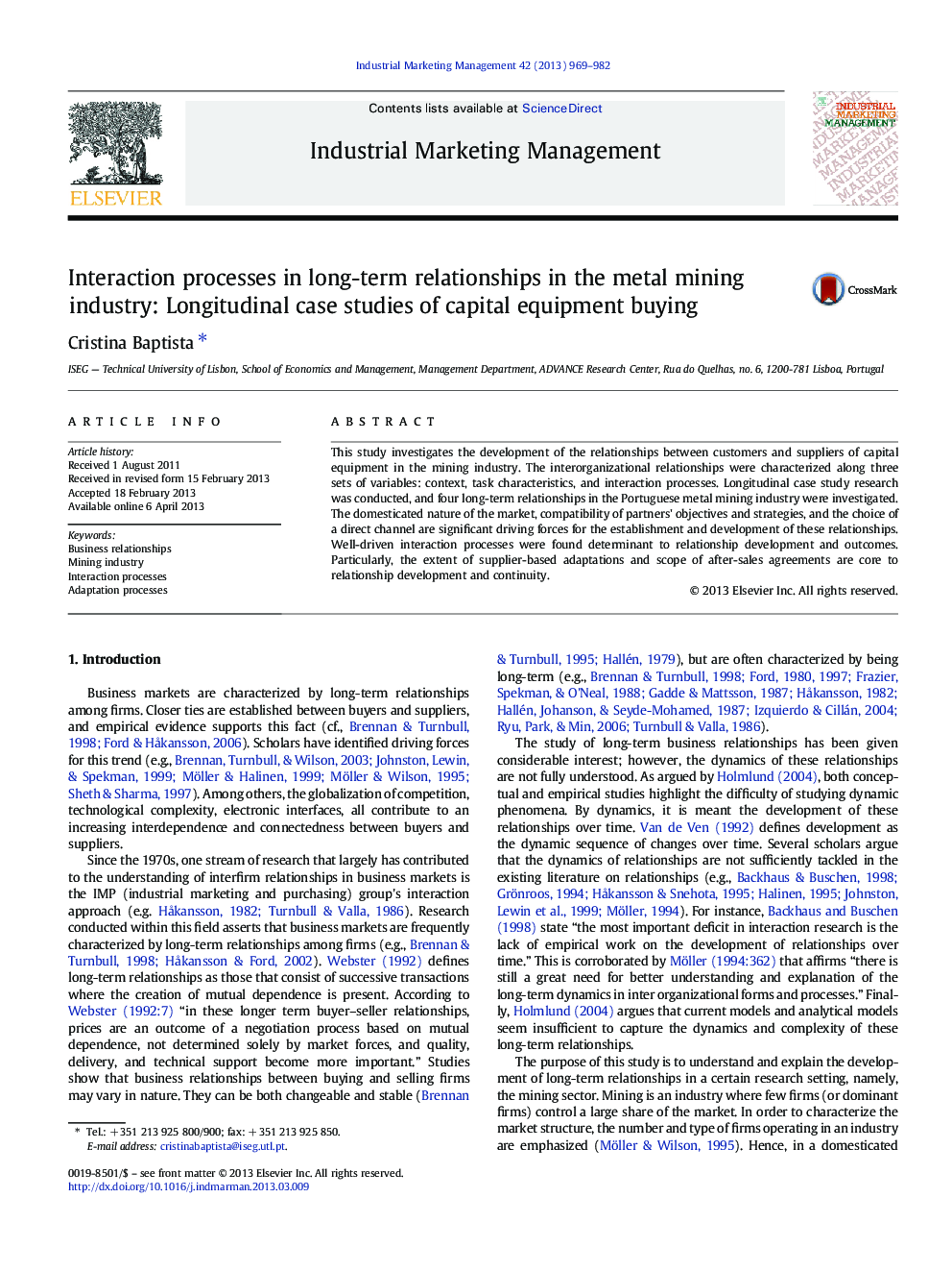 Interaction processes in long-term relationships in the metal mining industry: Longitudinal case studies of capital equipment buying