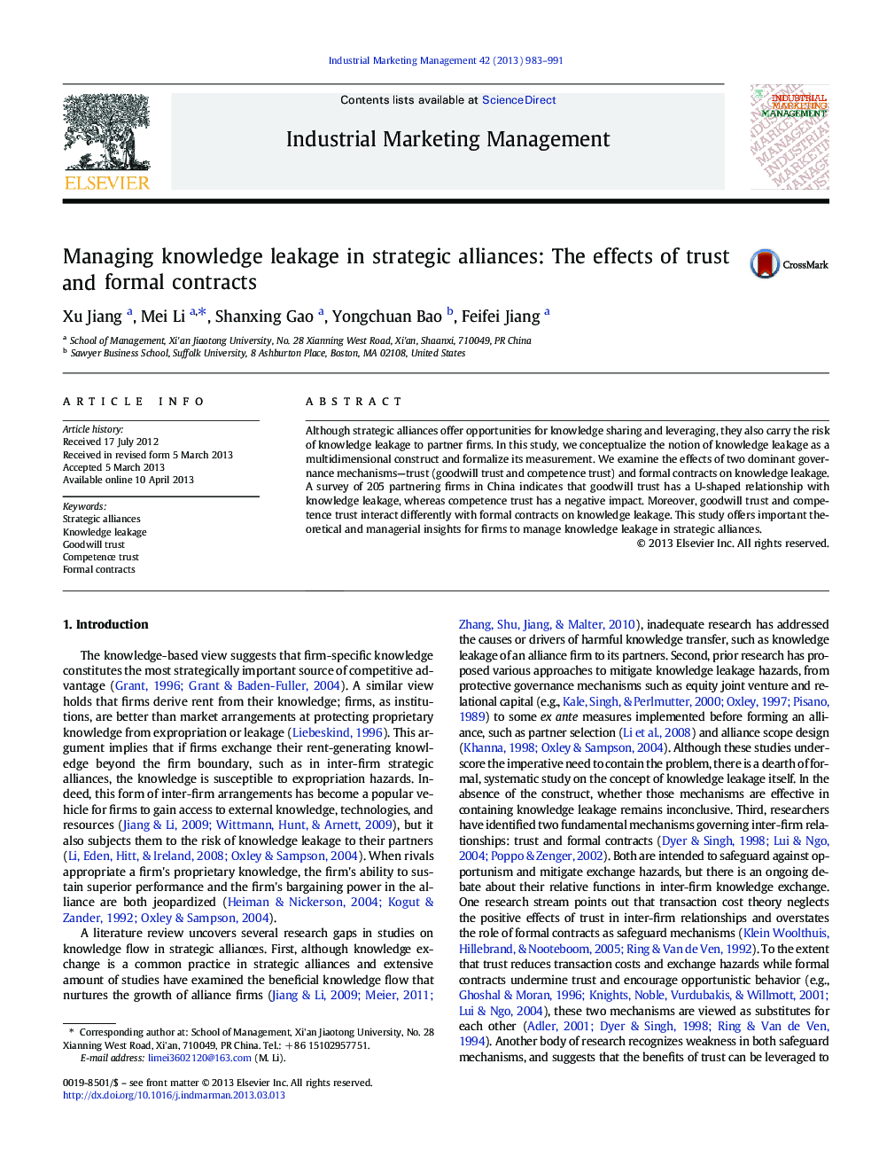 Managing knowledge leakage in strategic alliances: The effects of trust and formal contracts