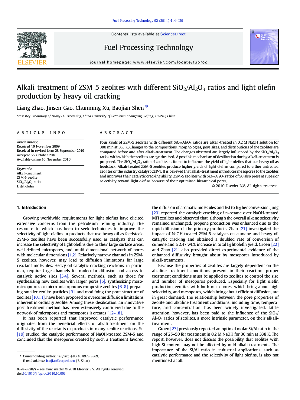 Alkali-treatment of ZSM-5 zeolites with different SiO2/Al2O3 ratios and light olefin production by heavy oil cracking