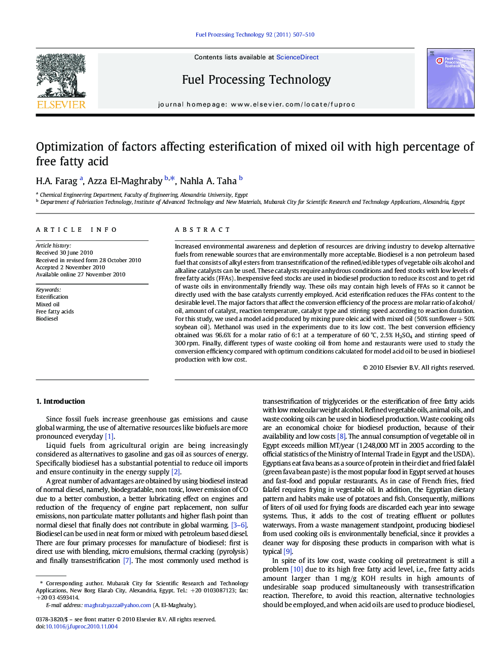 Optimization of factors affecting esterification of mixed oil with high percentage of free fatty acid