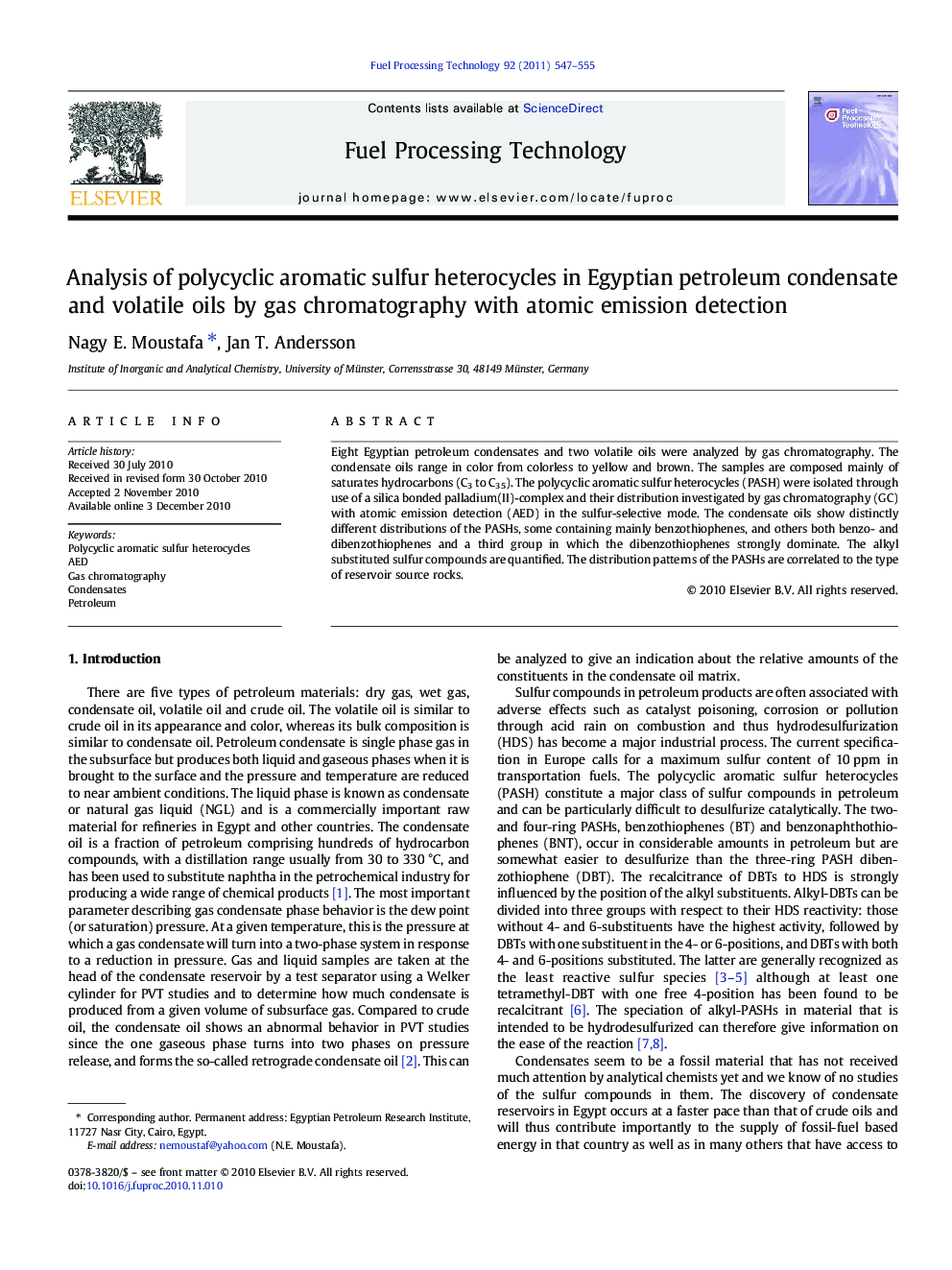 Analysis of polycyclic aromatic sulfur heterocycles in Egyptian petroleum condensate and volatile oils by gas chromatography with atomic emission detection