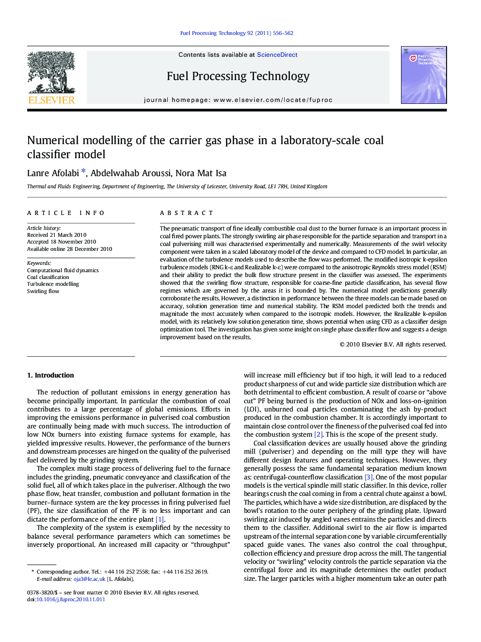 Numerical modelling of the carrier gas phase in a laboratory-scale coal classifier model