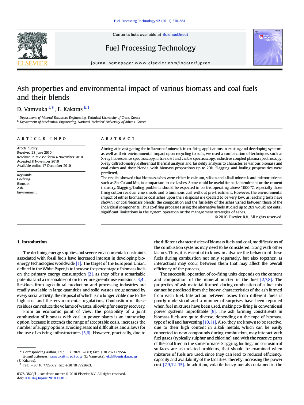 Ash properties and environmental impact of various biomass and coal fuels and their blends