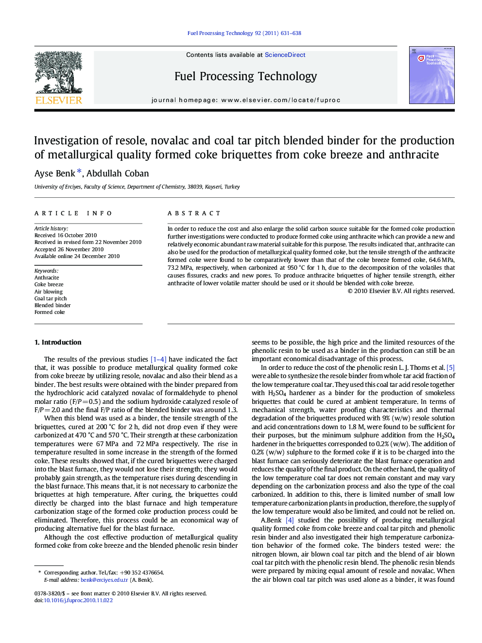 عکس صفحه اول مقاله: Investigation of resole, novalac and coal tar pitch blended binder for the production of metallurgical quality formed coke briquettes from coke breeze and anthracite Investigation of resole, novalac and coal tar pitch blended binder for the production of metallurgical quality formed coke briquettes from coke breeze and anthracite