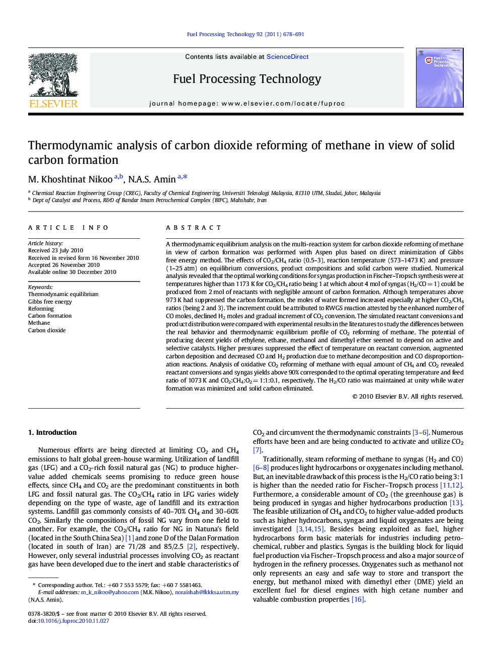 Thermodynamic analysis of carbon dioxide reforming of methane in view of solid carbon formation