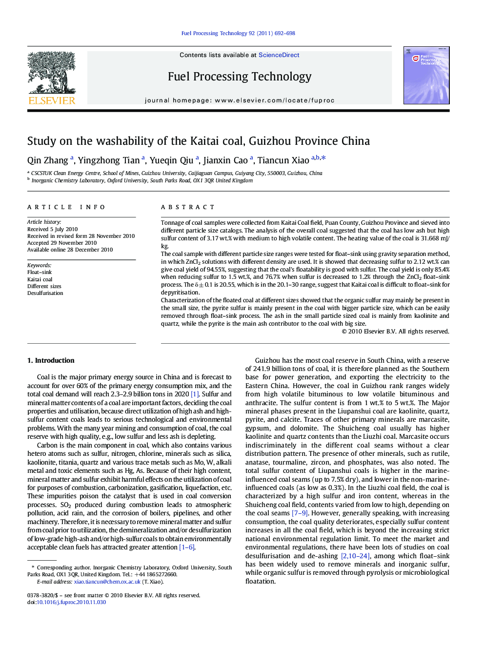 Study on the washability of the Kaitai coal, Guizhou Province China