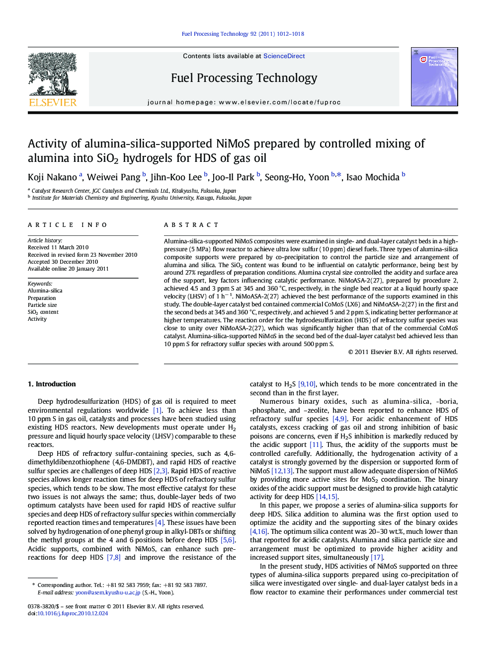 Activity of alumina-silica-supported NiMoS prepared by controlled mixing of alumina into SiO2 hydrogels for HDS of gas oil