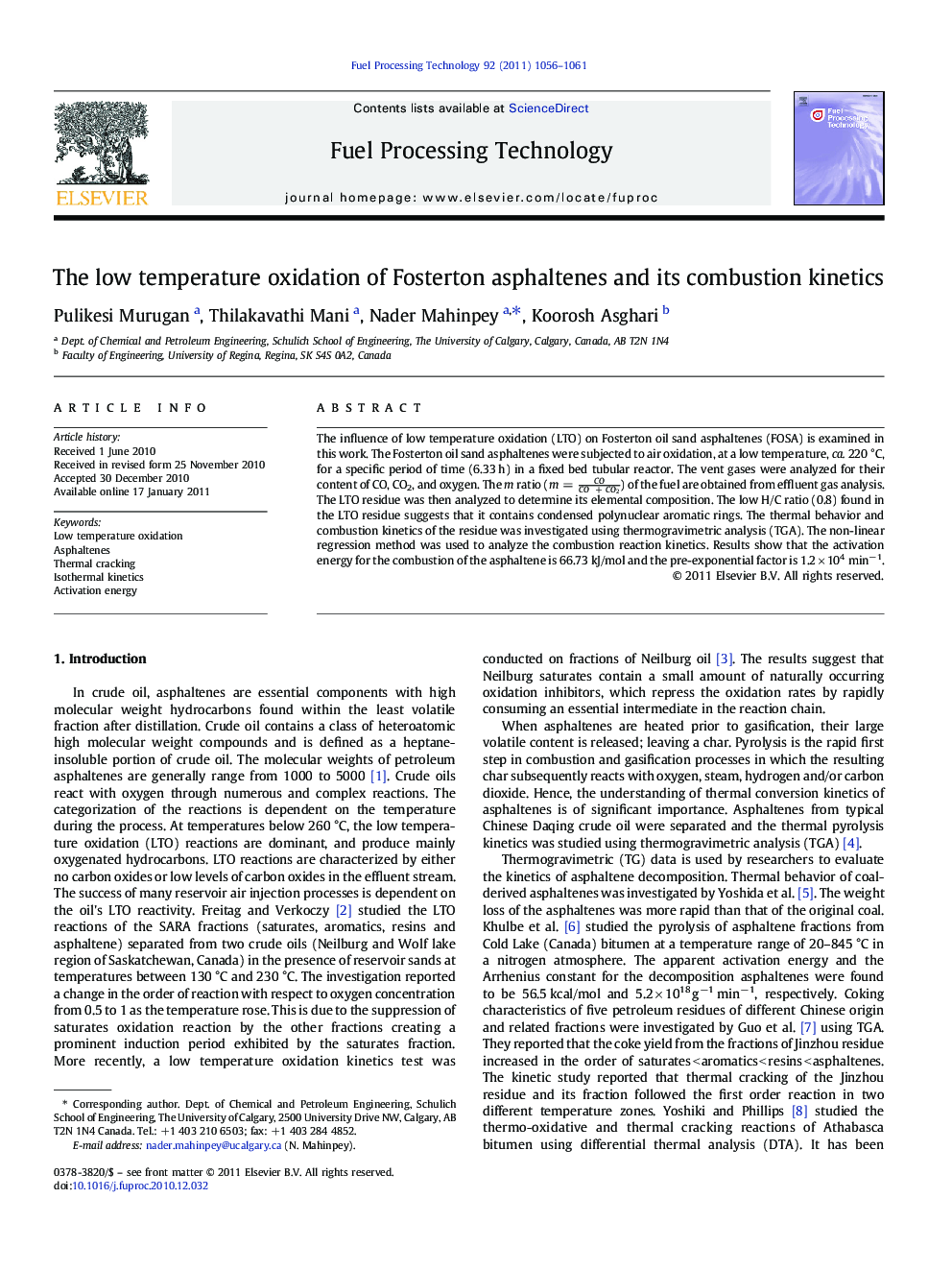 The low temperature oxidation of Fosterton asphaltenes and its combustion kinetics