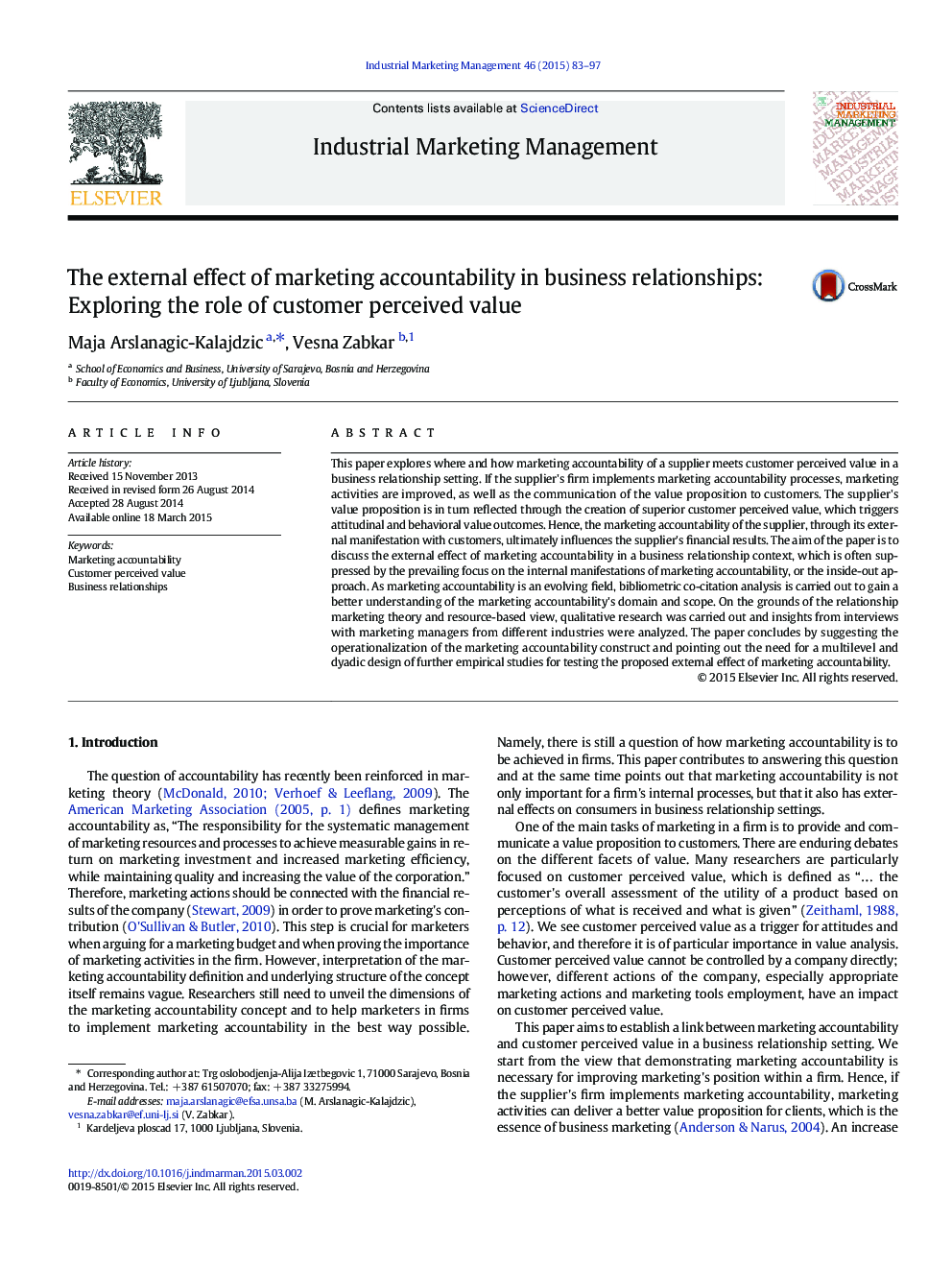 The external effect of marketing accountability in business relationships: Exploring the role of customer perceived value