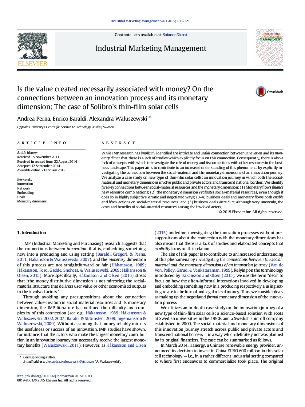 Is the value created necessarily associated with money? On the connections between an innovation process and its monetary dimension: The case of Solibro's thin-film solar cells