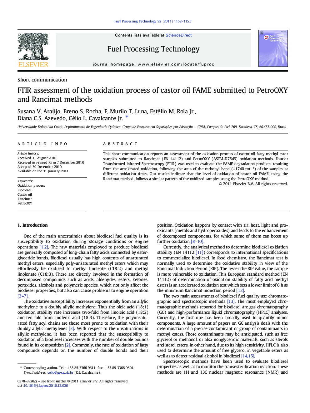 FTIR assessment of the oxidation process of castor oil FAME submitted to PetroOXY and Rancimat methods