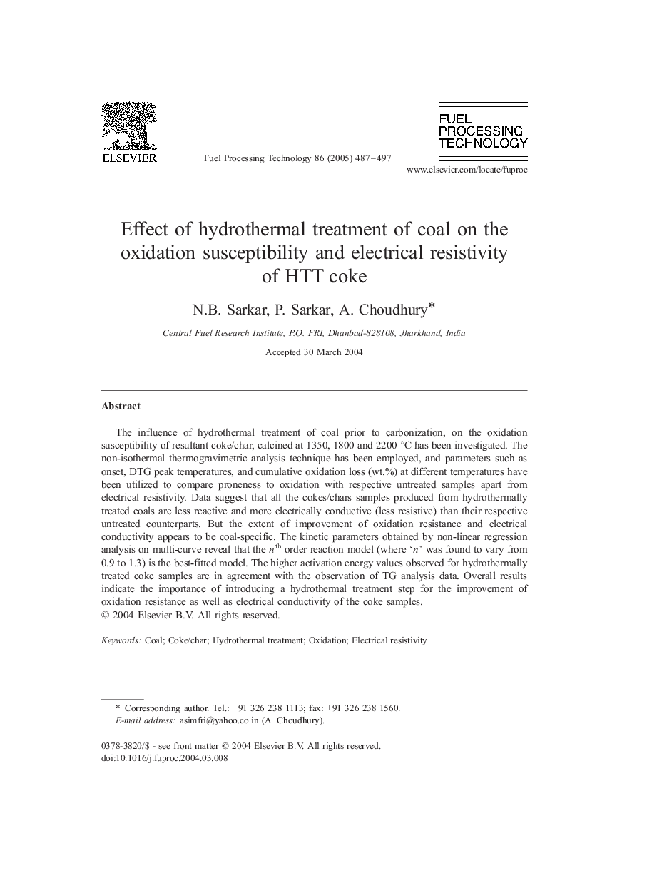 Effect of hydrothermal treatment of coal on the oxidation susceptibility and electrical resistivity of HTT coke