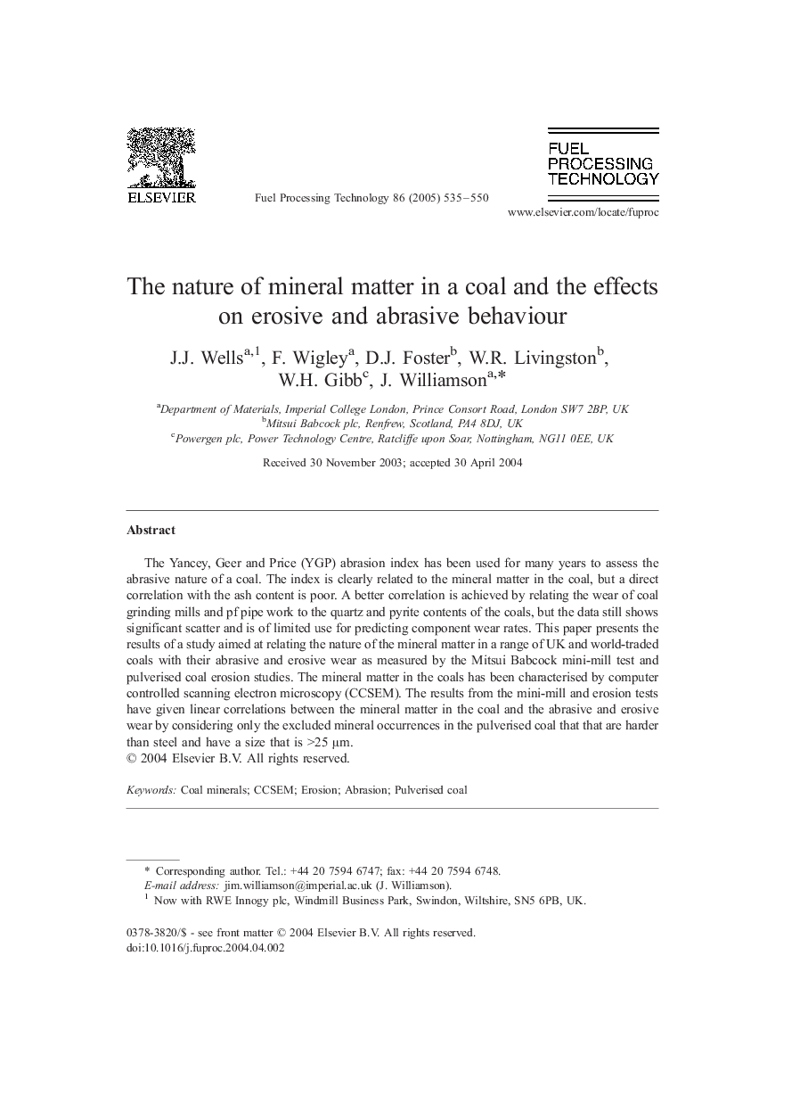 The nature of mineral matter in a coal and the effects on erosive and abrasive behaviour