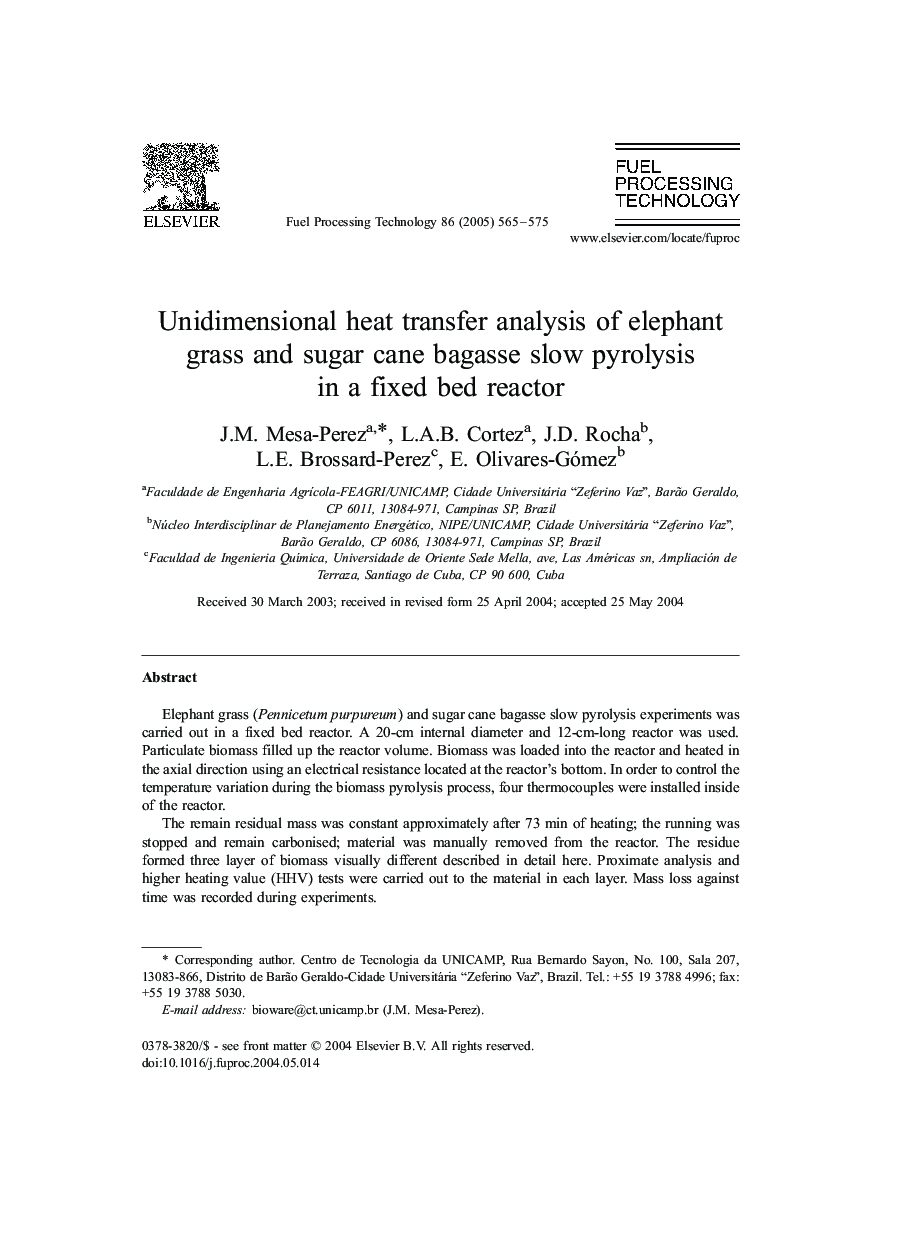 Unidimensional heat transfer analysis of elephant grass and sugar cane bagasse slow pyrolysis in a fixed bed reactor