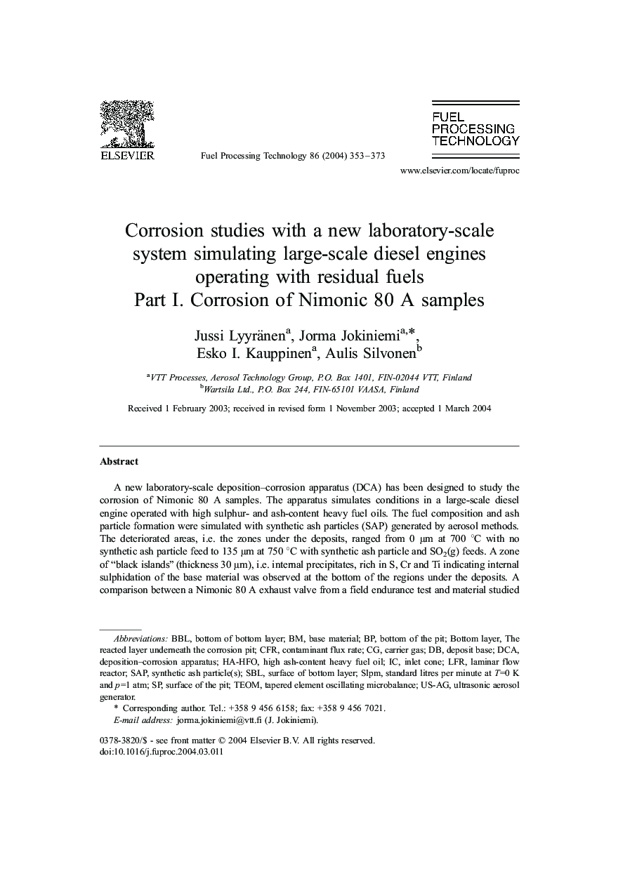 Corrosion studies with a new laboratory-scale system simulating large-scale diesel engines operating with residual fuels