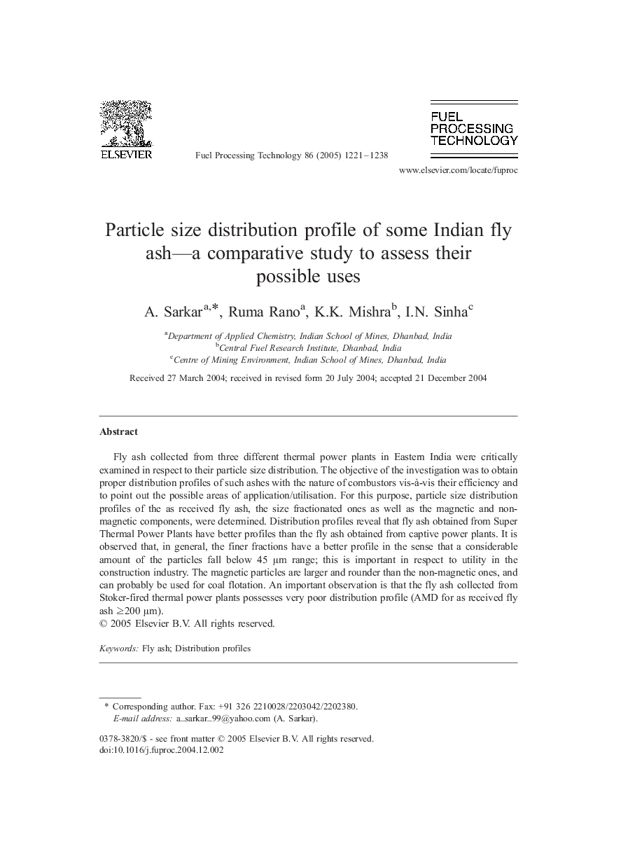 Particle size distribution profile of some Indian fly ash-a comparative study to assess their possible uses