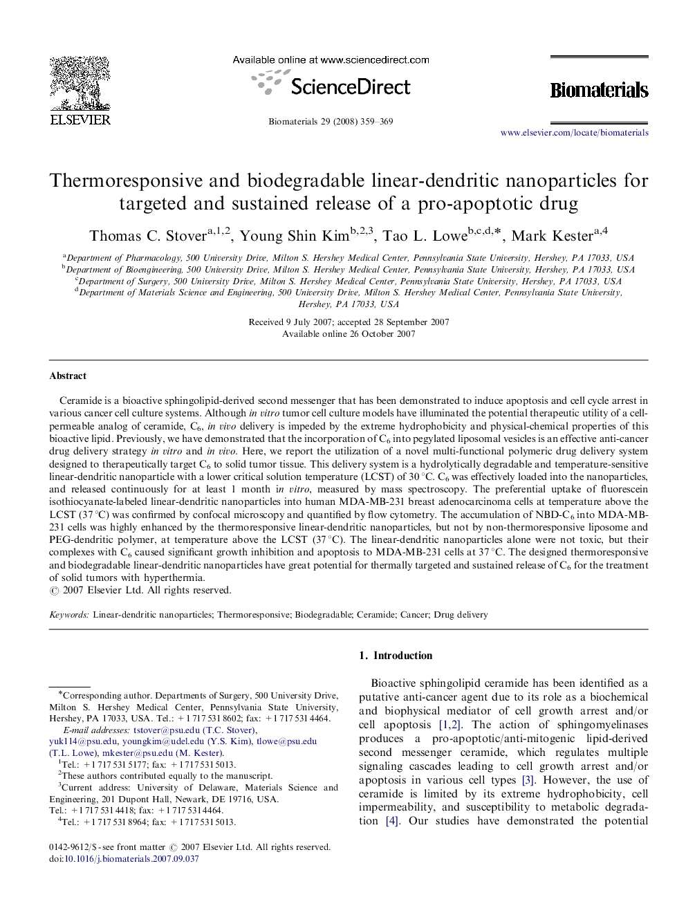 Thermoresponsive and biodegradable linear-dendritic nanoparticles for targeted and sustained release of a pro-apoptotic drug