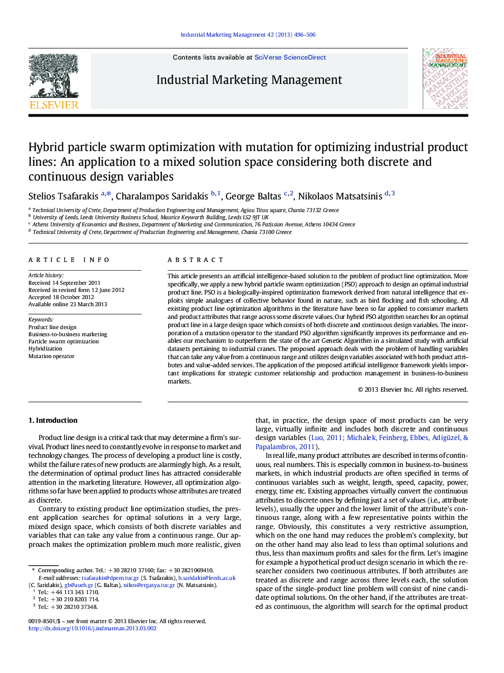 Hybrid particle swarm optimization with mutation for optimizing industrial product lines: An application to a mixed solution space considering both discrete and continuous design variables