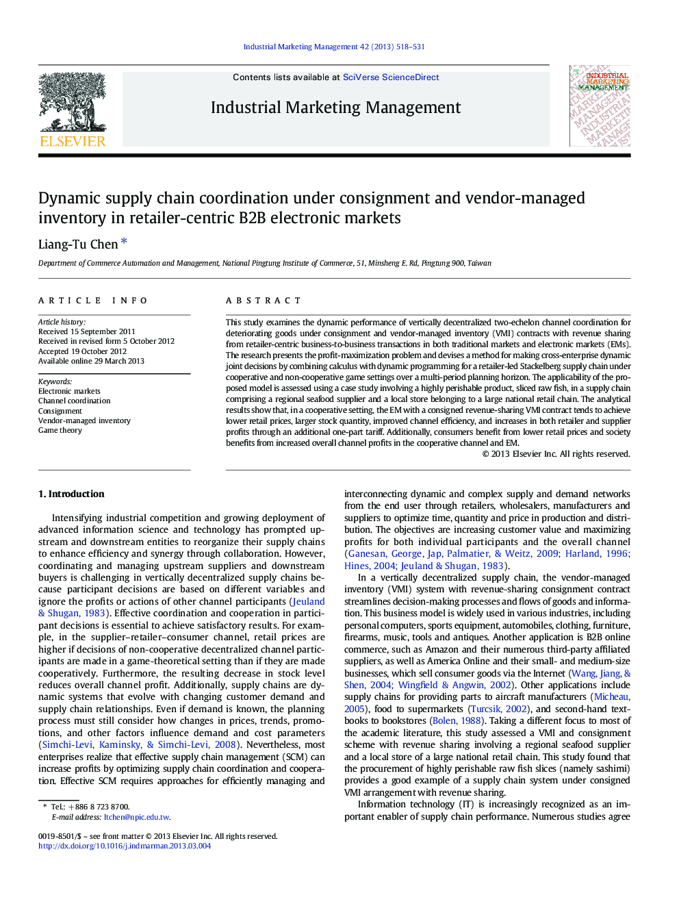 Dynamic supply chain coordination under consignment and vendor-managed inventory in retailer-centric B2B electronic markets