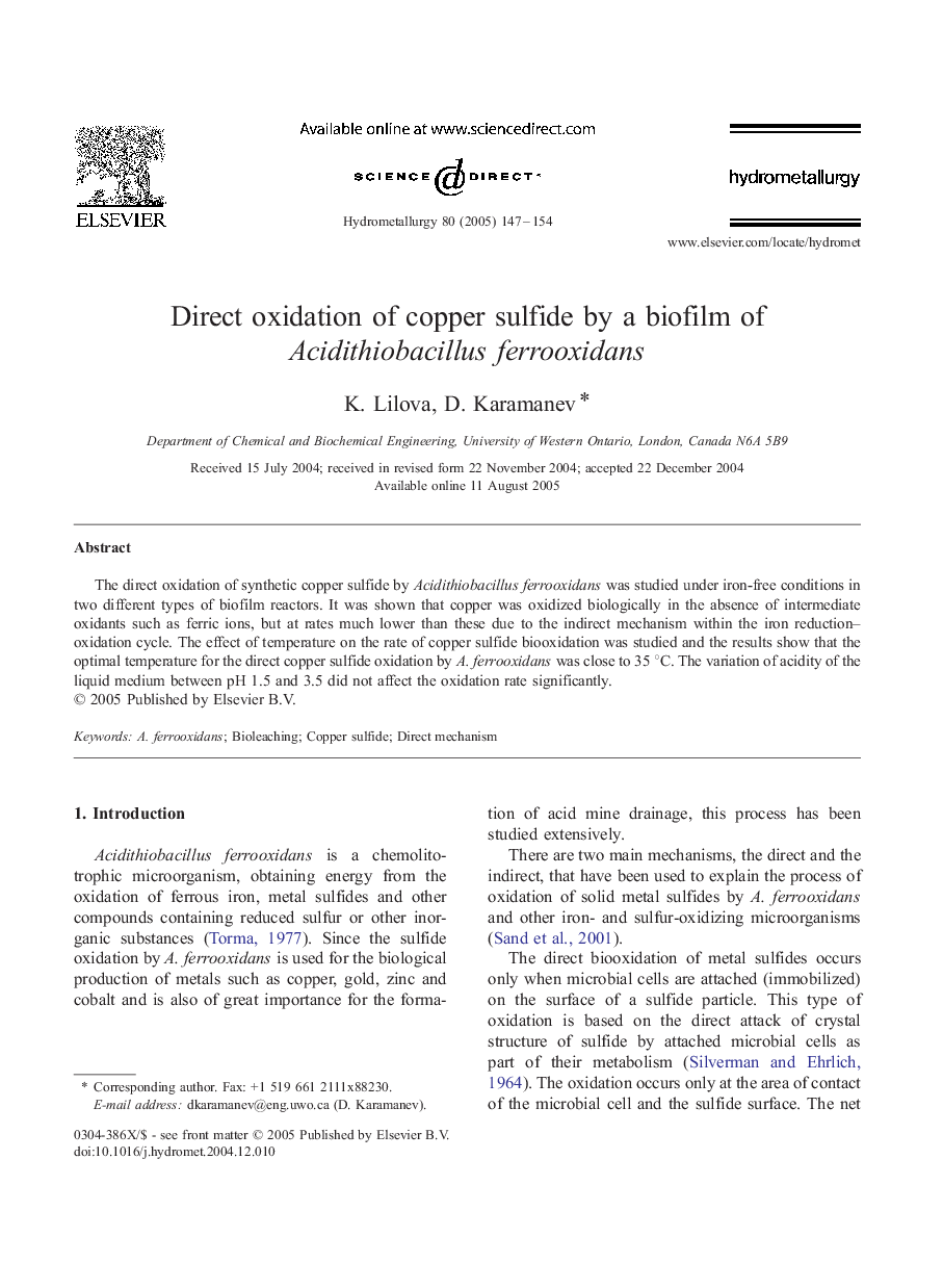 Direct oxidation of copper sulfide by a biofilm of Acidithiobacillus ferrooxidans