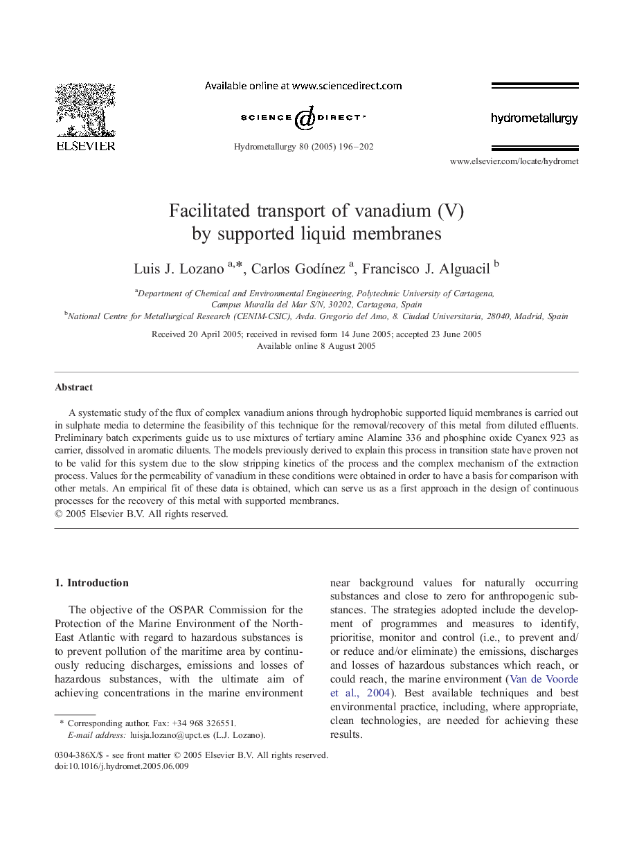 Facilitated transport of vanadium (V) by supported liquid membranes