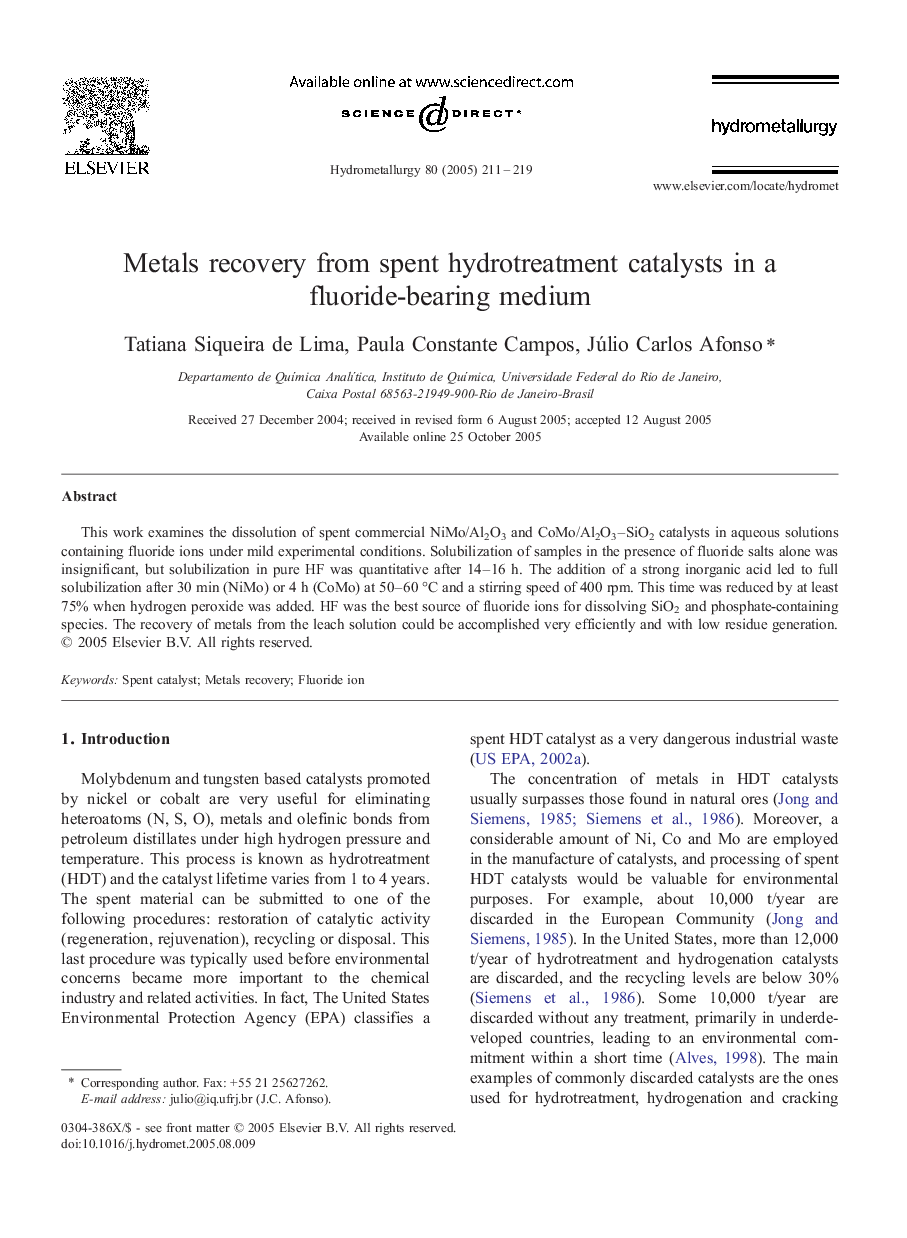 Metals recovery from spent hydrotreatment catalysts in a fluoride-bearing medium