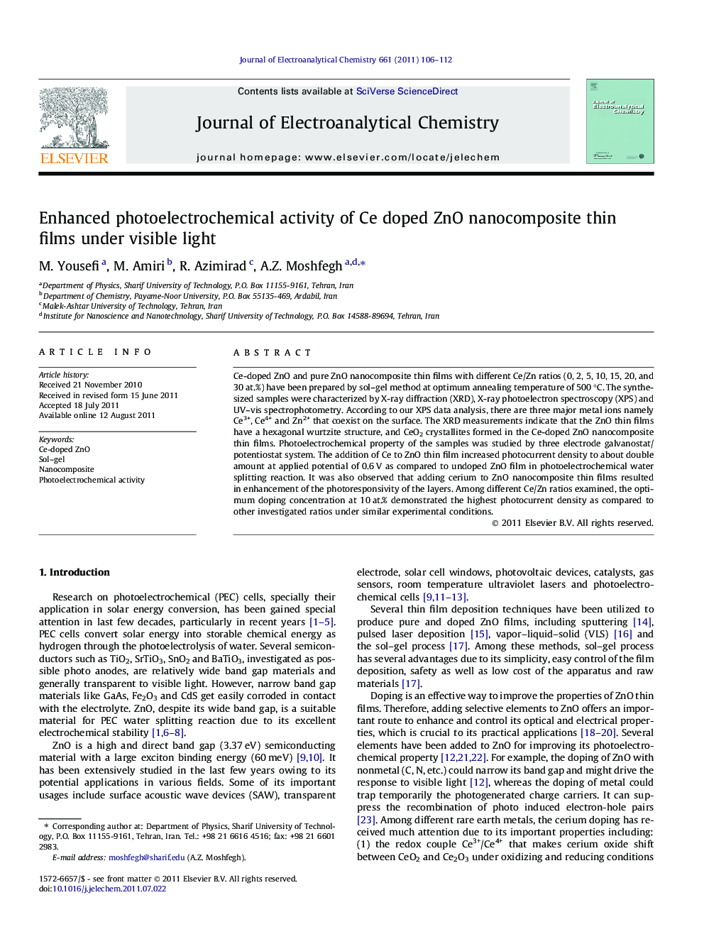 Enhanced photoelectrochemical activity of Ce doped ZnO nanocomposite thin films under visible light