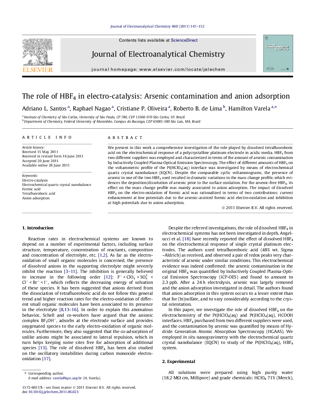 The role of HBF4 in electro-catalysis: Arsenic contamination and anion adsorption