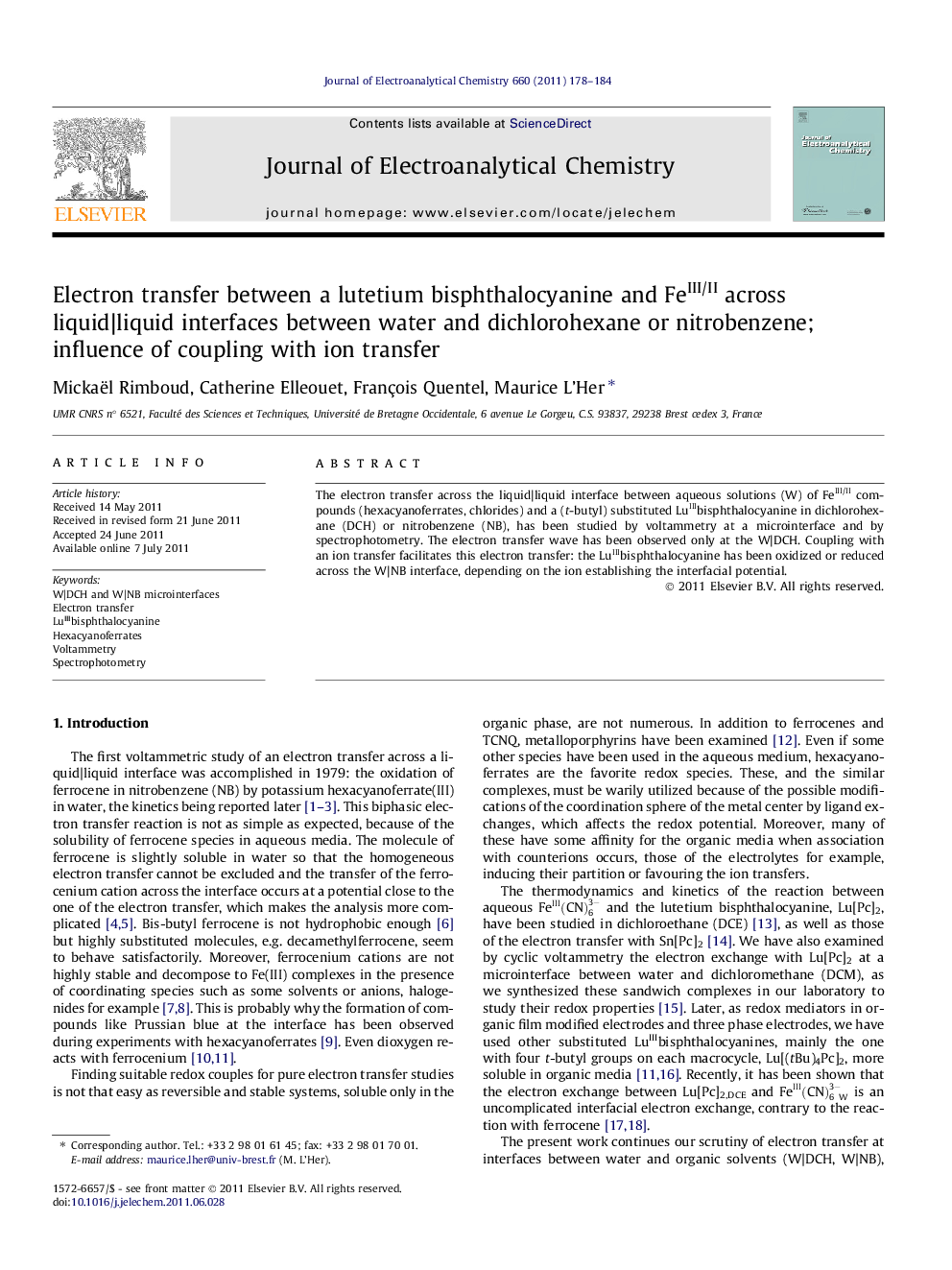 Electron transfer between a lutetium bisphthalocyanine and FeIII/II across liquid|liquid interfaces between water and dichlorohexane or nitrobenzene; influence of coupling with ion transfer