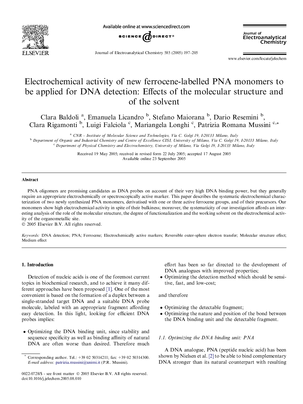 Electrochemical activity of new ferrocene-labelled PNA monomers to be applied for DNA detection: Effects of the molecular structure and of the solvent