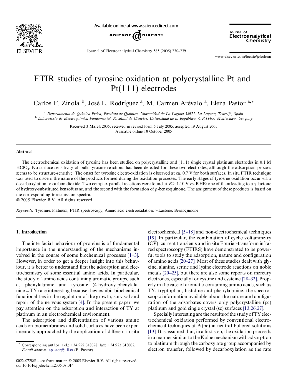 FTIR studies of tyrosine oxidation at polycrystalline Pt and Pt(1Â 1Â 1) electrodes