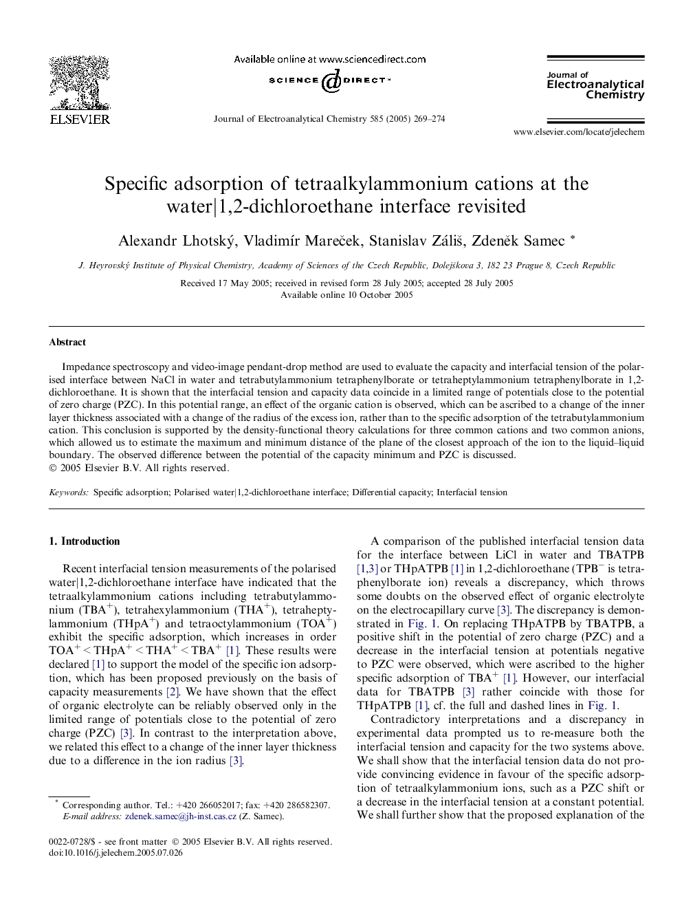 Specific adsorption of tetraalkylammonium cations at the waterâ£1,2-dichloroethane interface revisited