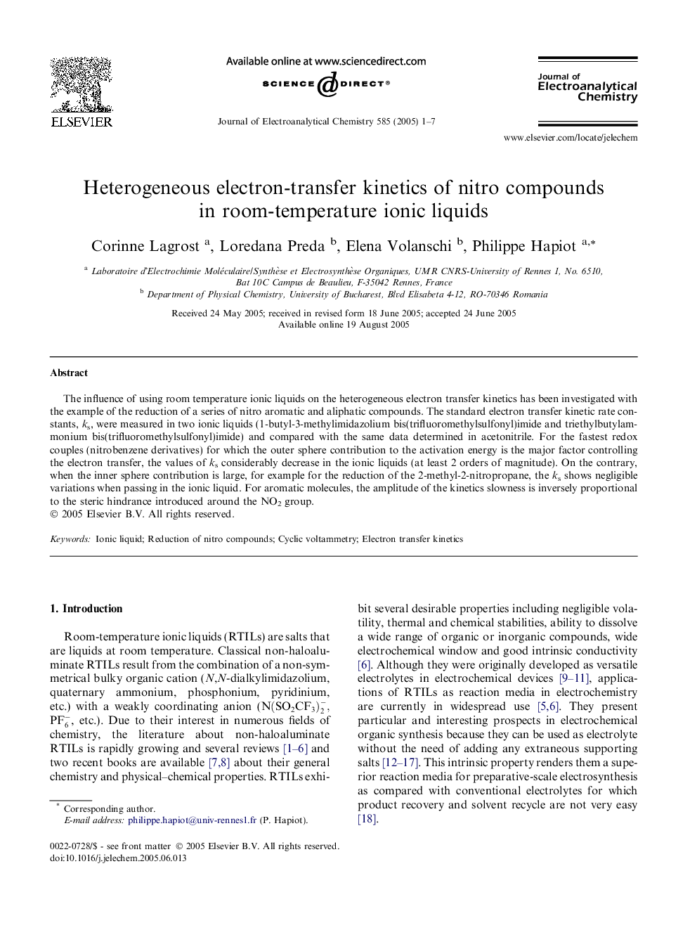 Heterogeneous electron-transfer kinetics of nitro compounds in room-temperature ionic liquids