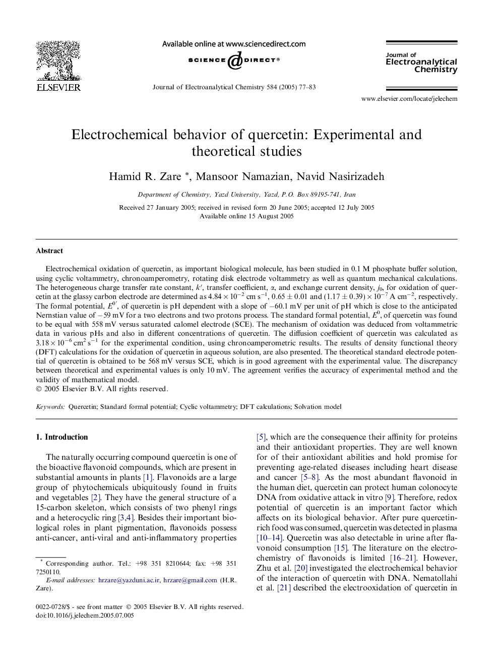 Electrochemical behavior of quercetin: Experimental and theoretical studies