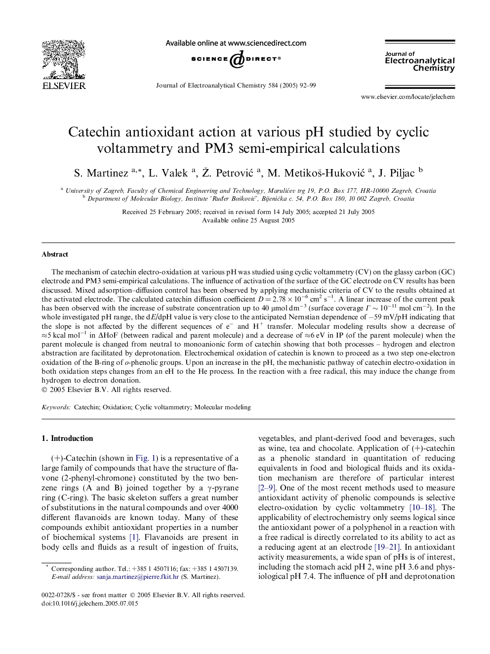 Catechin antioxidant action at various pH studied by cyclic voltammetry and PM3 semi-empirical calculations