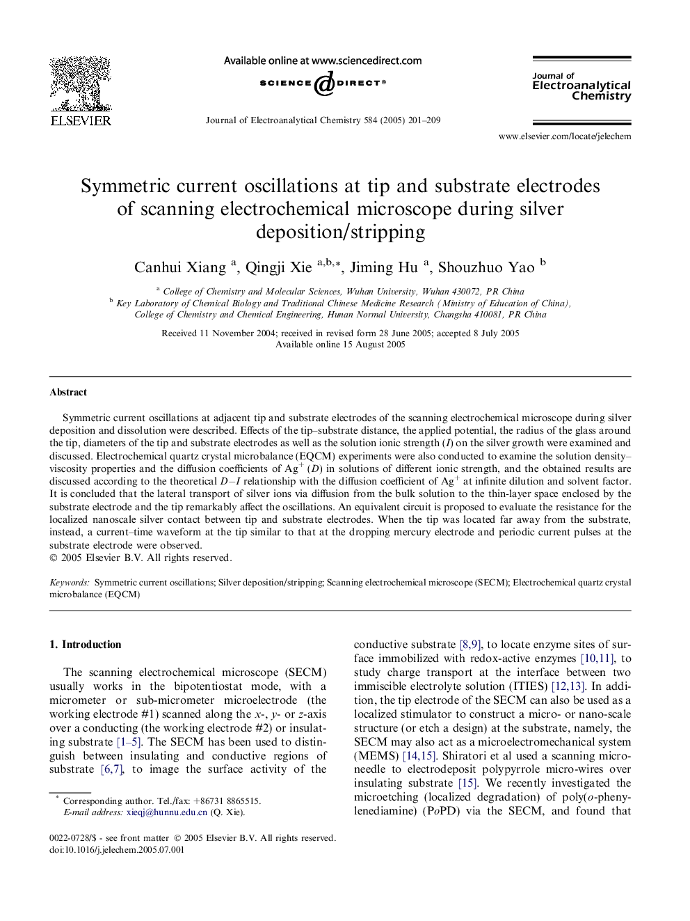 Symmetric current oscillations at tip and substrate electrodes of scanning electrochemical microscope during silver deposition/stripping