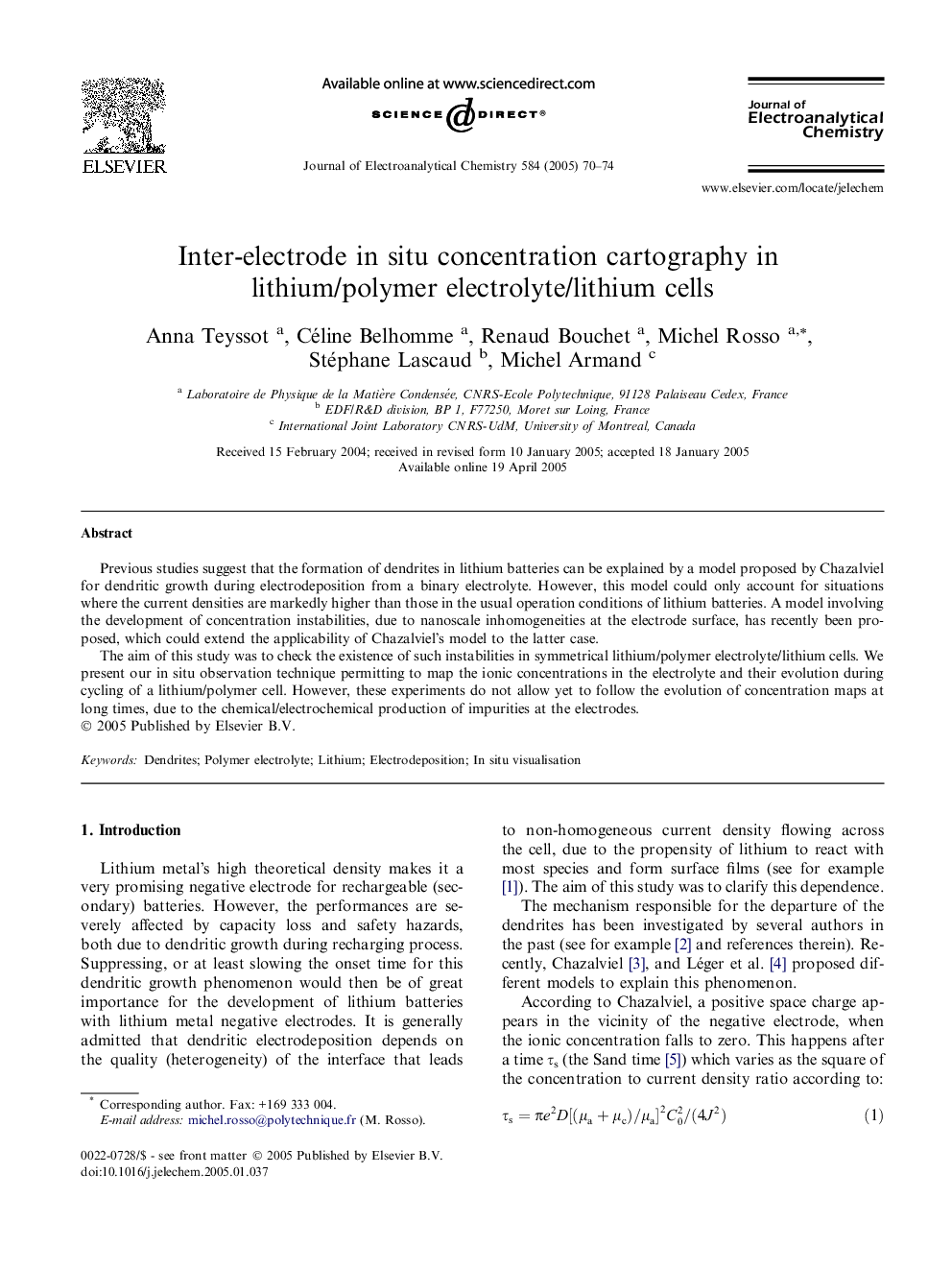 Inter-electrode in situ concentration cartography in lithium/polymer electrolyte/lithium cells