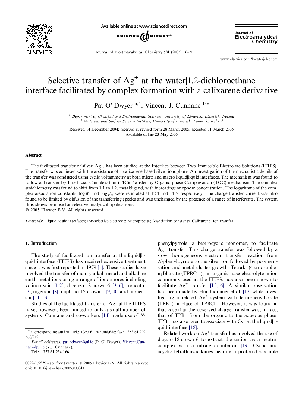 عکس صفحه اول مقاله: Selective transfer of Ag+ at the water|1,2-dichloroethane interface facilitated by complex formation with a calixarene derivative Selective transfer of Ag+ at the water|1,2-dichloroethane interface facilitated by complex formation with a calixarene derivative
