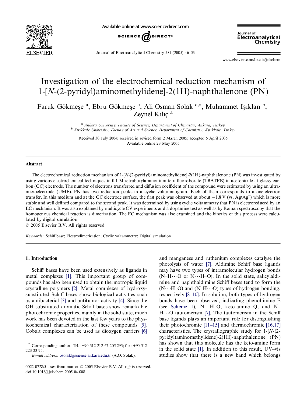 Investigation of the electrochemical reduction mechanism of 1-[N-(2-pyridyl)aminomethylidene]-2(1H)-naphthalenone (PN)