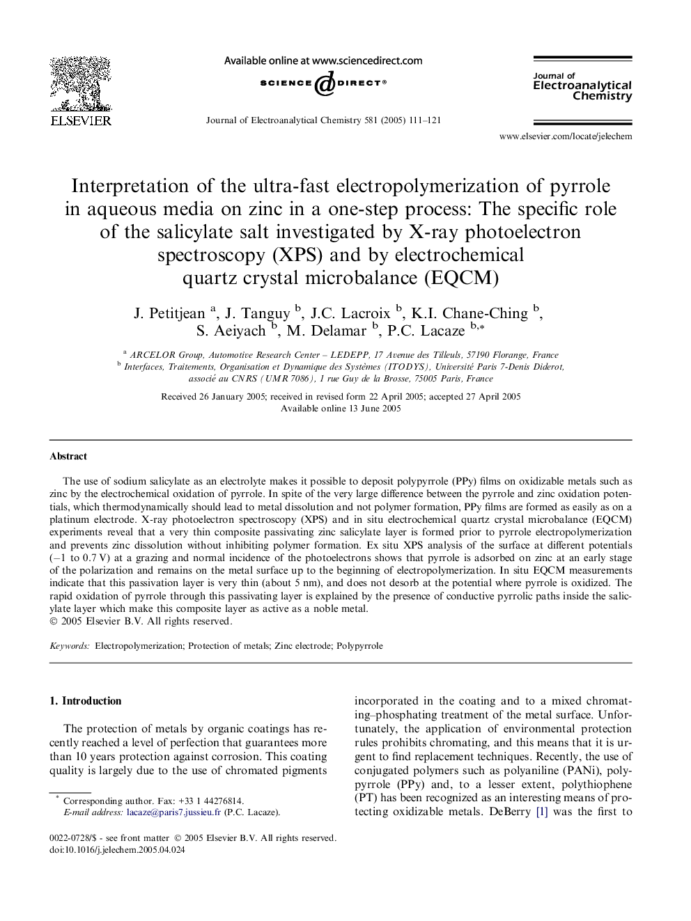 Interpretation of the ultra-fast electropolymerization of pyrrole in aqueous media on zinc in a one-step process: The specific role of the salicylate salt investigated by X-ray photoelectron spectroscopy (XPS) and by electrochemical quartz crystal microba