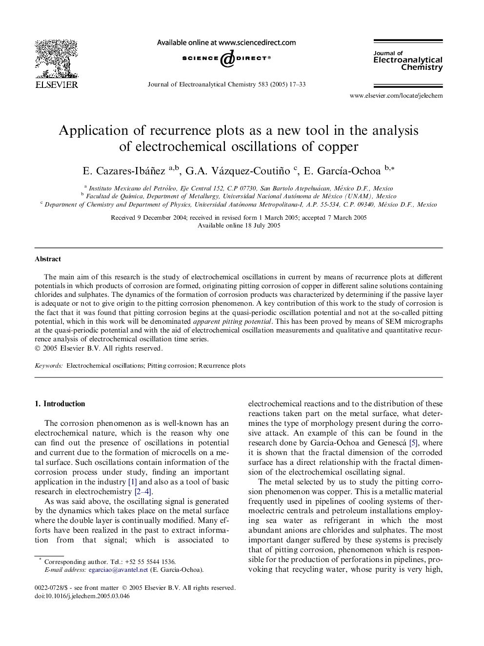 Application of recurrence plots as a new tool in the analysis of electrochemical oscillations of copper