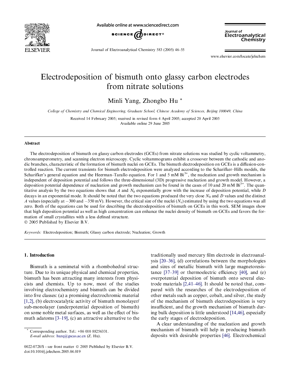 Electrodeposition of bismuth onto glassy carbon electrodes from nitrate solutions