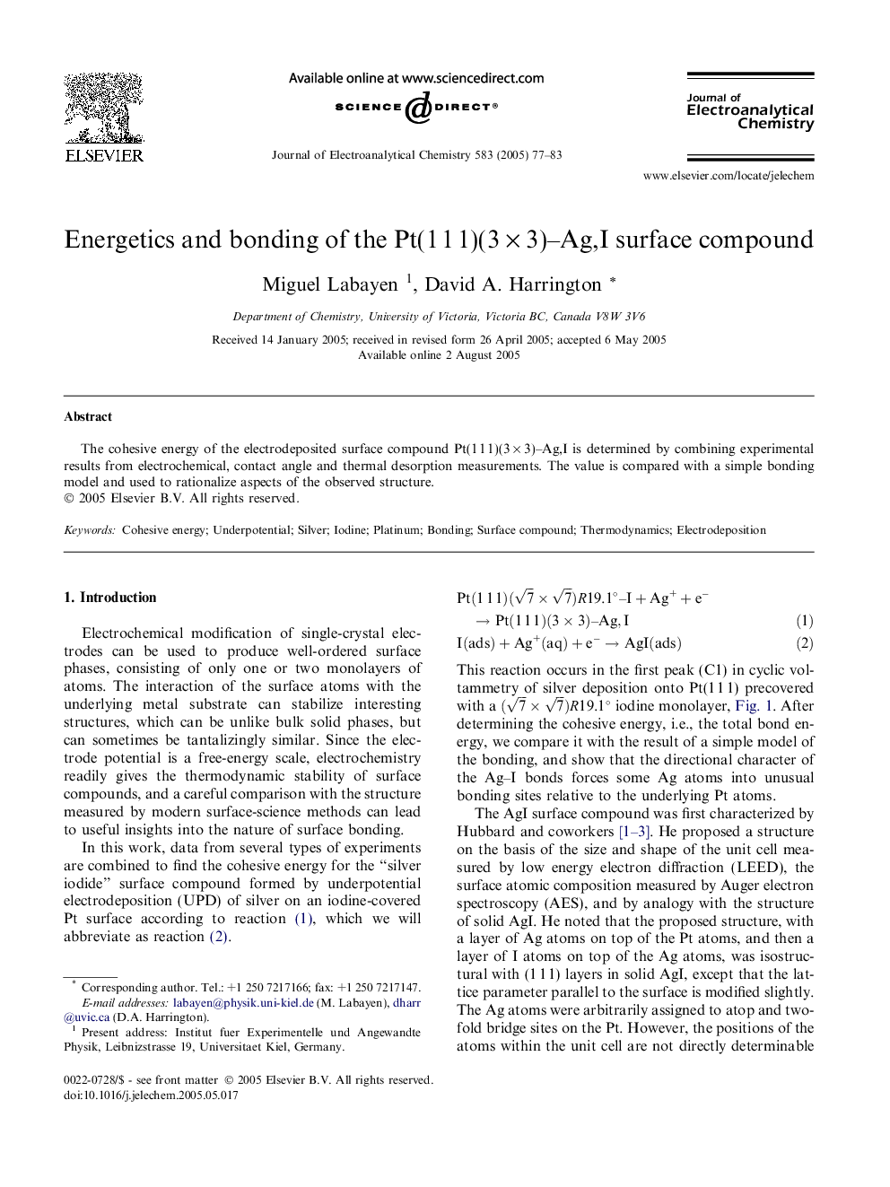 Energetics and bonding of the Pt(1Â 1Â 1)(3Â ÃÂ 3)-Ag,I surface compound