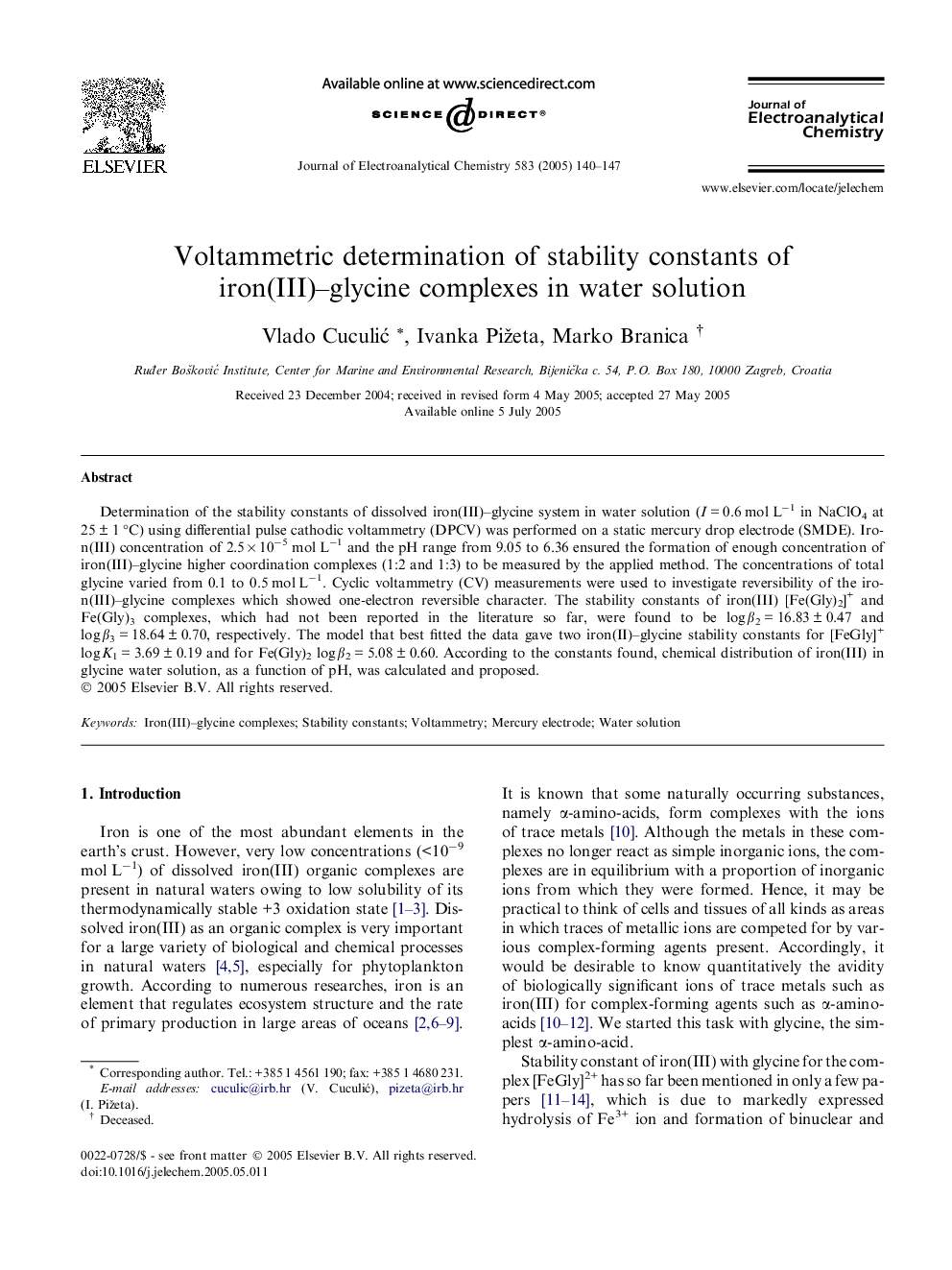 Voltammetric determination of stability constants of iron(III)-glycine complexes in water solution